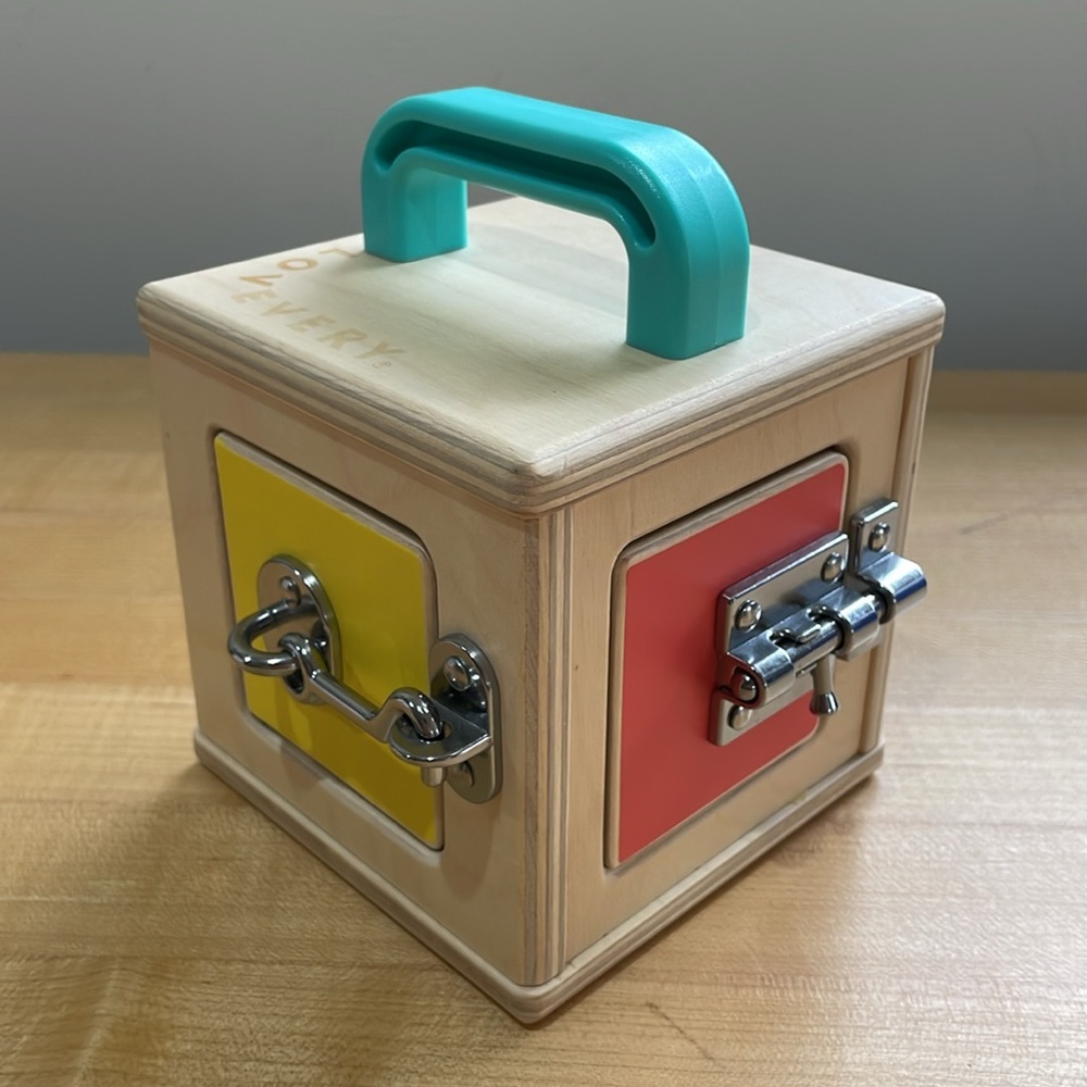 Wooden Lock Box Activity Cube with Teal Handle - Kids Puzzles & Games